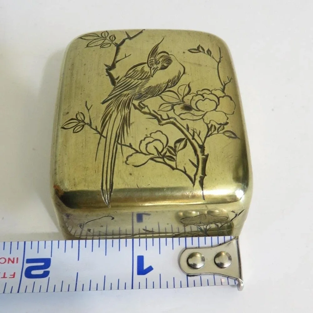 Vintage Asian‎ Brass Trinket Box Bird Flower Engraving Hinged Small Keepsake